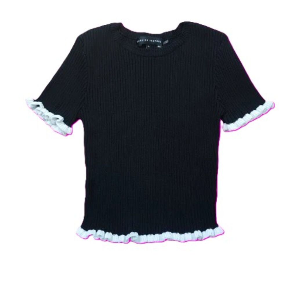 English Factory Black Ribbed Ruffle Trim Top Women’s Small Short Sleeve